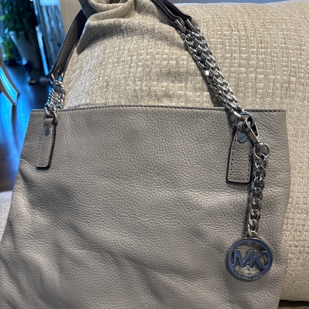 Michael Kors Light Gray Leather Tote with Silver Chain Strap